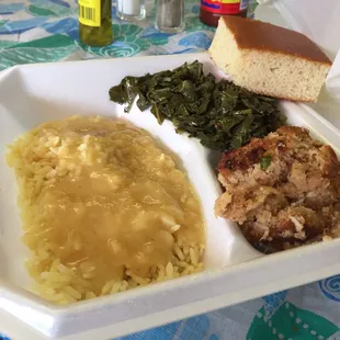 Chicken Corn bread Collard Greens Yellow Rice