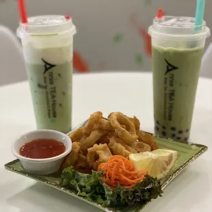 Salted Cheese Matcha latte and Brown Sugar boba matcha latte, and calamari