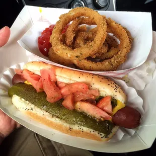 Jumbo Chicago dog and a side of onion rings.