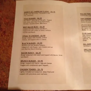 The Burger side of the menu.