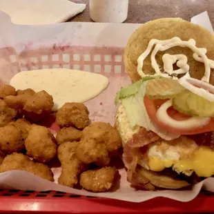 Brunch burger with American cheese, bacon and fried egg. Fried cauliflower w/ ranch.