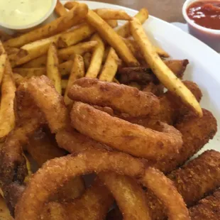 Onion rings, chive fries, and burned mozzarella sticks.  Sided with cold marinara sauce and ranch dressing.