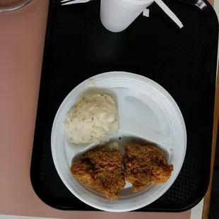 Fried chicken is the real deal.  Real mashed potatoes