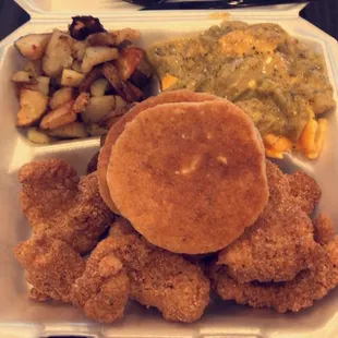 Catfish special with potatoes and broccoli &amp; cheese casserole with some cornbread.