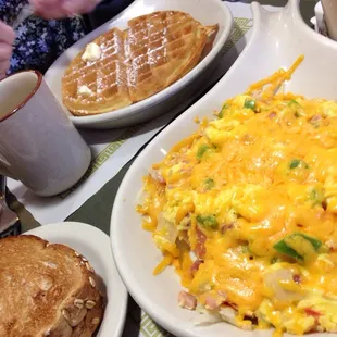 Belgian waffle &amp; western skillet w/toast.