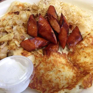 Polish Combo Plate (kielbasa, kraut, potato pancakes, Pierogies)