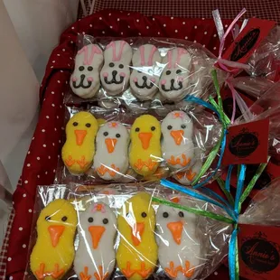 a tray of decorated cookies