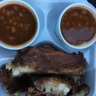 2 orders of Baked beans &amp; ribs with sauce on the side ... a definitely a thumbs up.....