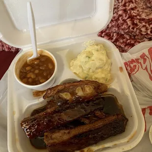 Ribs, Baked Beans, And Potato Salad