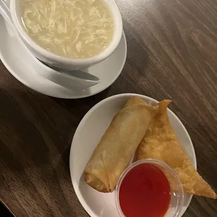 Egg Flower Soup, Egg Roll and Fried Wonton