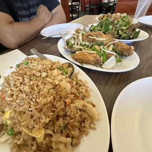 Chicken Fried Rice, Salt and Pepper Chicken, Broccoli Beef, and Seafood Fried Rice