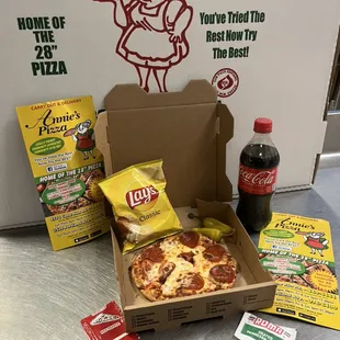 Stop in try a personal size pizza! Bag of chips and a coke $8.00 plus tax