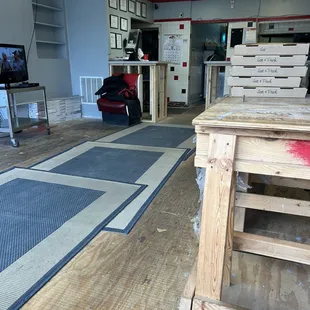 the inside of a pizza shop