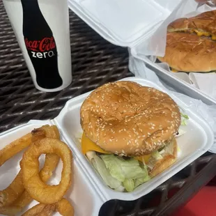 a burger and onion rings