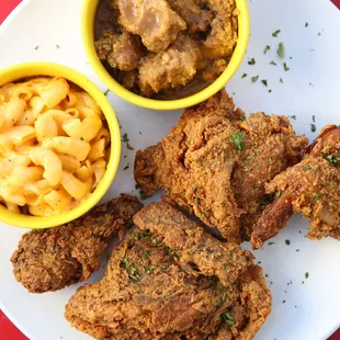 Fried Chicken with Cornbread Stuffing w Gravy and Mac n Cheese.  (Drool)