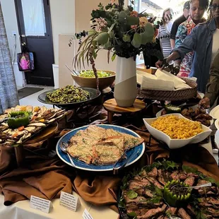 Steak, chicken, tortellini salad, Caesar salad, Mac and cheese...