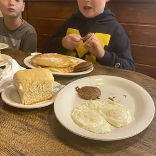 Pancakes, eggs, sausage, and HUGE biscuit