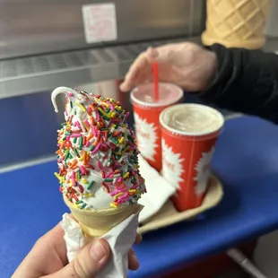 Small ice cream cone and milkshakes.