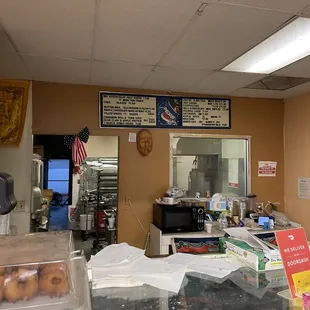 donuts on display in a bakery