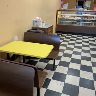 a checkered floor and tables