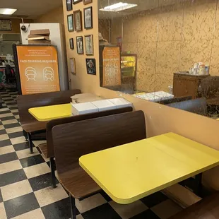 a checkered floor and tables