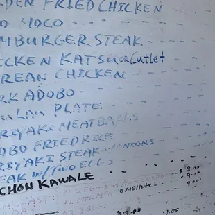 a menu on a whiteboard