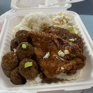 Bone in garlic chicken and teri meatballs