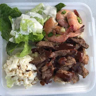 My favorite! Steak, Shrimp, mac &amp; salad! ONO!