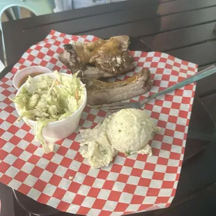 Ribs, potato salad and Cole slaw