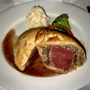 Beef Wellington with Mashed Potatoes and Broccoli and a Cabernet reduction. It was AMAZING!