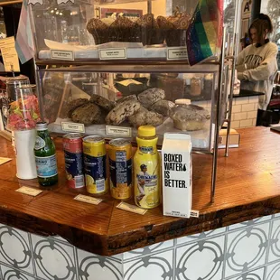 a counter with a variety of goods