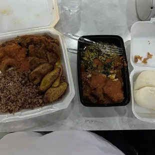 Assorted meat with wakye and plantain Ugali swallow with stewed goat and egusi