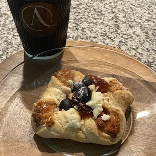 Lemon lavender latte with soy milk and the blueberry goat cheese tart (to go)