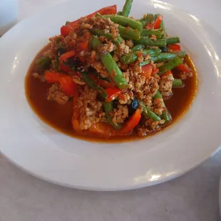 Basil ground chicken with green beans &amp; peppers  Served with rice.