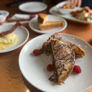 Guava Jam French Toast with eggs and bacon and a side of toast