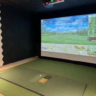 Uneekor Eye XO2 Simulators with fairway, rough, and sand hitting mats. Running E6 Connect with over 100+ courses available.