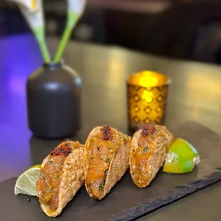 AWARD-WINNING TOMBO TUNA TACOS Hass Avocado, Macadamia Nut, White Truffle, Black Tobiko Caviar, Yuzu Kosho (3 pcs) - Perfect!