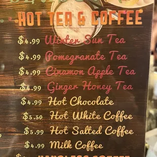 Hot tea and coffee menu