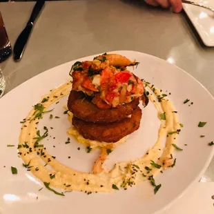 &quot;Tomato&quot; (stack of fried green tomatoes topped with generous pieces of lobster)