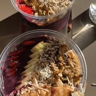 The Super Bowls The top one  is regular.   Bottom is minus the honey. Add peanut butter and protein powder.