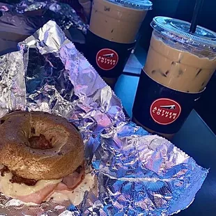 monte cristo bagel with 2 dirty iced chai coffees