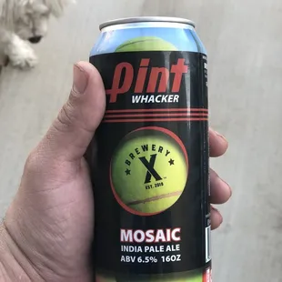a hand holding a can of beer