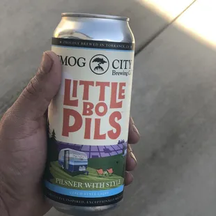 a person holding a can of beer