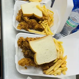 5 pcs chicken tenders with bread and 2 different sauce and fries for $9.99