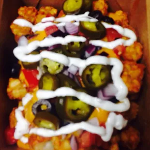 The good old sloppy Italian!! It's like Nachos on a bed of tator tots ...