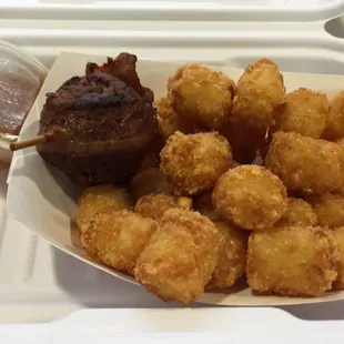 Bacon wrapped fried meatball w/ tots