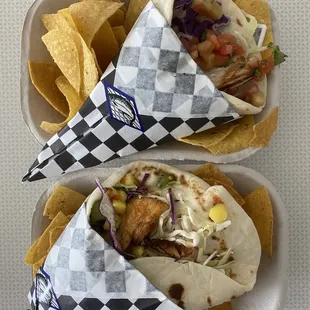 Mahi mahi taco (top), rockfish taco (bottom)