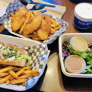 Dungeness Crab &amp; Shrimp Roll, Fish &amp; Chips, Wild Alaska Silver Salmon Bowl, and a cup of Anthony&apos;s Clam Chowder