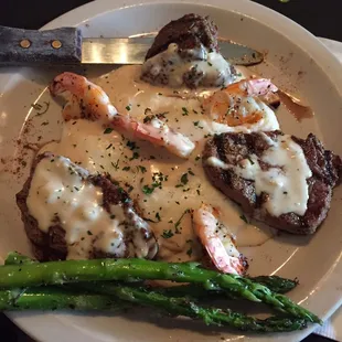 Steak and shrimp with pepper jack grits