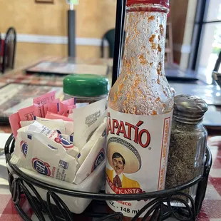 a basket of condiments